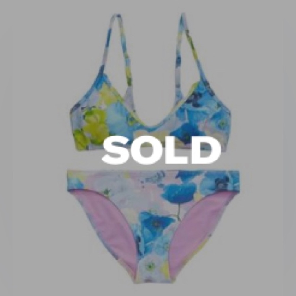 Aerie bikini top and bottom set, blue tulip pattern, full coverage bottoms